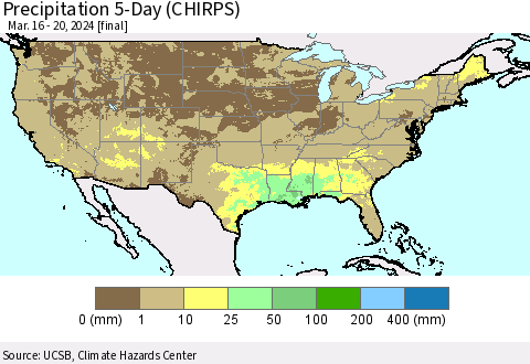 United States Precipitation 5-Day (CHIRPS) Thematic Map For 3/16/2024 - 3/20/2024