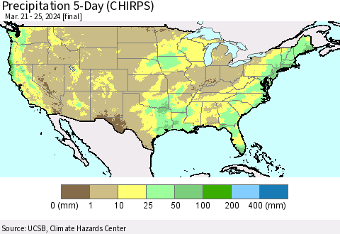 United States Precipitation 5-Day (CHIRPS) Thematic Map For 3/21/2024 - 3/25/2024