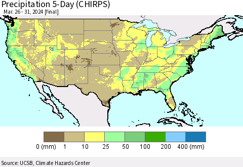 United States Precipitation 5-Day (CHIRPS) Thematic Map For 3/26/2024 - 3/31/2024