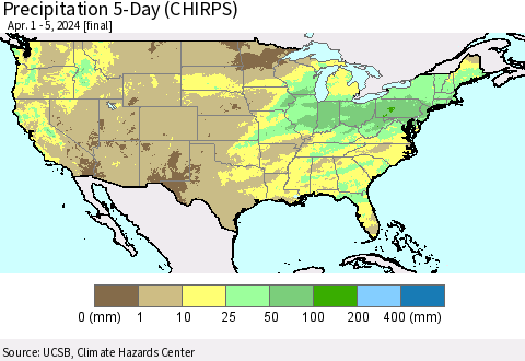 United States Precipitation 5-Day (CHIRPS) Thematic Map For 4/1/2024 - 4/5/2024