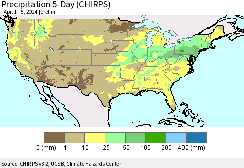 United States Precipitation 5-Day (CHIRPS) Thematic Map For 4/1/2024 - 4/5/2024