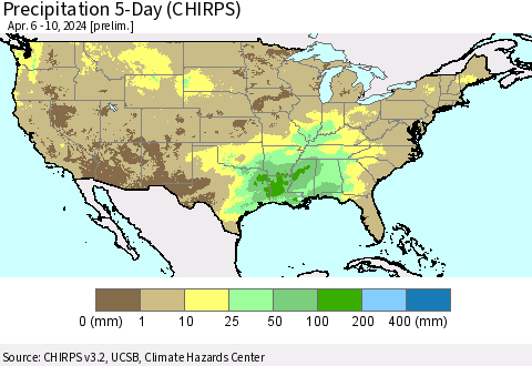 United States Precipitation 5-Day (CHIRPS) Thematic Map For 4/6/2024 - 4/10/2024