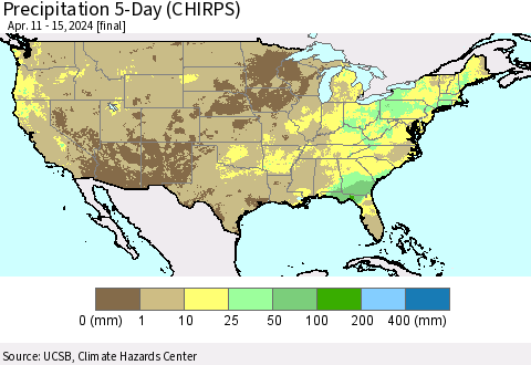 United States Precipitation 5-Day (CHIRPS) Thematic Map For 4/11/2024 - 4/15/2024