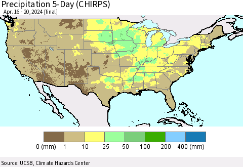 United States Precipitation 5-Day (CHIRPS) Thematic Map For 4/16/2024 - 4/20/2024