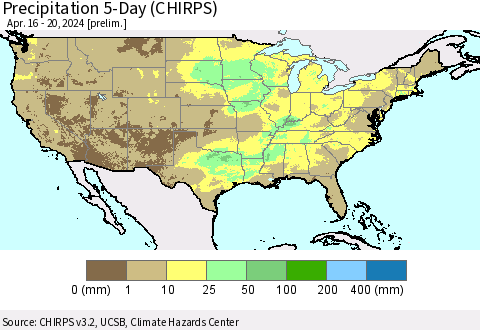 United States Precipitation 5-Day (CHIRPS) Thematic Map For 4/16/2024 - 4/20/2024