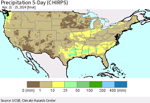 United States Precipitation 5-Day (CHIRPS) Thematic Map For 4/21/2024 - 4/25/2024