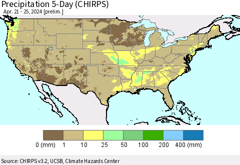 United States Precipitation 5-Day (CHIRPS) Thematic Map For 4/21/2024 - 4/25/2024