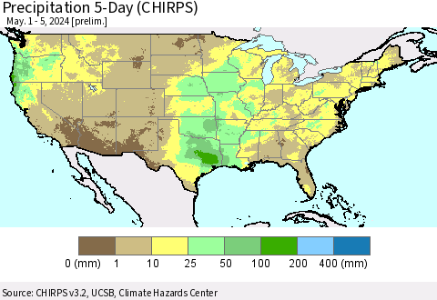United States Precipitation 5-Day (CHIRPS) Thematic Map For 5/1/2024 - 5/5/2024