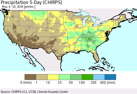 United States Precipitation 5-Day (CHIRPS) Thematic Map For 5/6/2024 - 5/10/2024