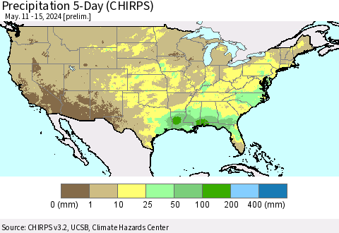 United States Precipitation 5-Day (CHIRPS) Thematic Map For 5/11/2024 - 5/15/2024