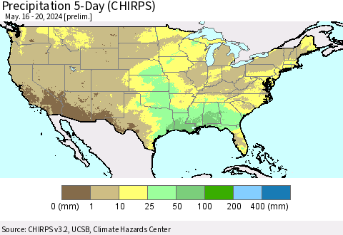 United States Precipitation 5-Day (CHIRPS) Thematic Map For 5/16/2024 - 5/20/2024