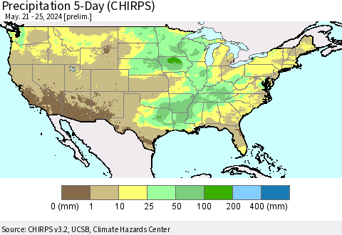 United States Precipitation 5-Day (CHIRPS) Thematic Map For 5/21/2024 - 5/25/2024