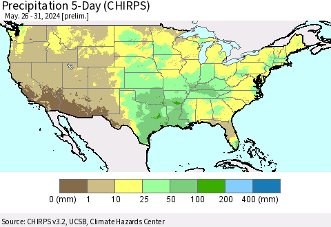 United States Precipitation 5-Day (CHIRPS) Thematic Map For 5/26/2024 - 5/31/2024