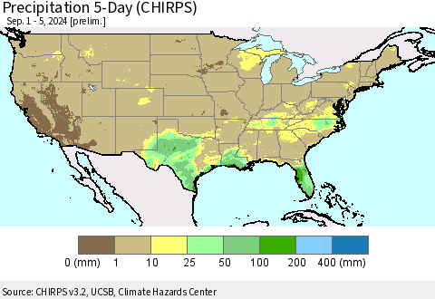 United States Precipitation 5-Day (CHIRPS) Thematic Map For 9/1/2024 - 9/5/2024