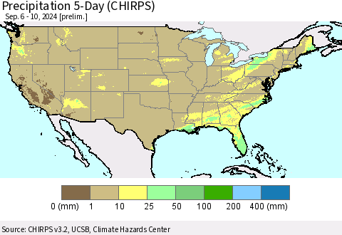 United States Precipitation 5-Day (CHIRPS) Thematic Map For 9/6/2024 - 9/10/2024