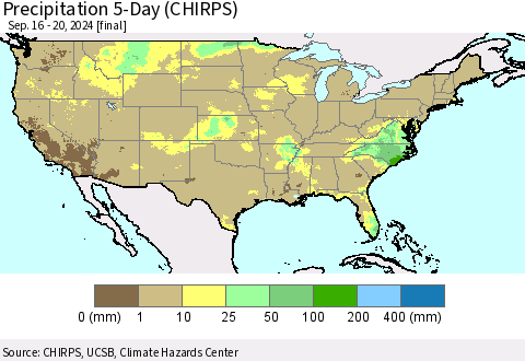 United States Precipitation 5-Day (CHIRPS) Thematic Map For 9/16/2024 - 9/20/2024