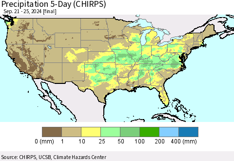 United States Precipitation 5-Day (CHIRPS) Thematic Map For 9/21/2024 - 9/25/2024