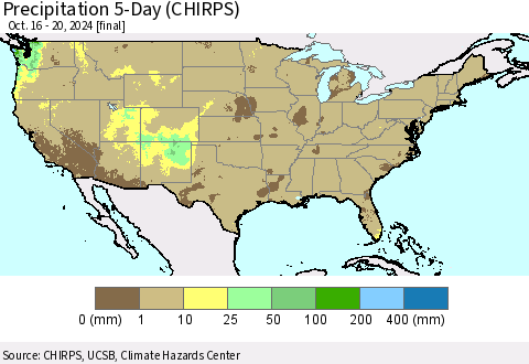 United States Precipitation 5-Day (CHIRPS) Thematic Map For 10/16/2024 - 10/20/2024