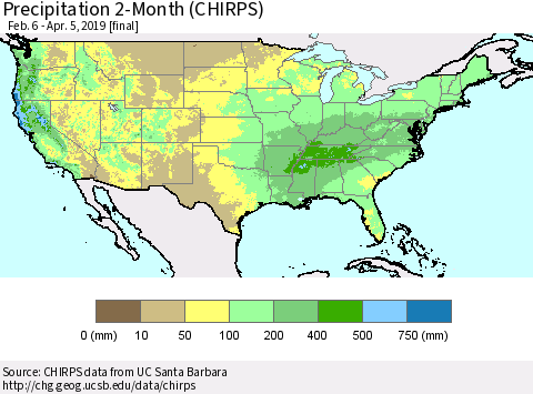 United States Precipitation 2-Month (CHIRPS) Thematic Map For 2/6/2019 - 4/5/2019