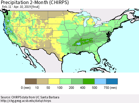 United States Precipitation 2-Month (CHIRPS) Thematic Map For 2/11/2019 - 4/10/2019