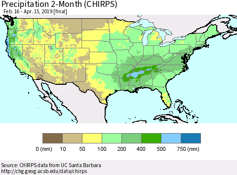 United States Precipitation 2-Month (CHIRPS) Thematic Map For 2/16/2019 - 4/15/2019