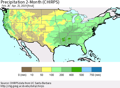 United States Precipitation 2-Month (CHIRPS) Thematic Map For 2/26/2019 - 4/25/2019