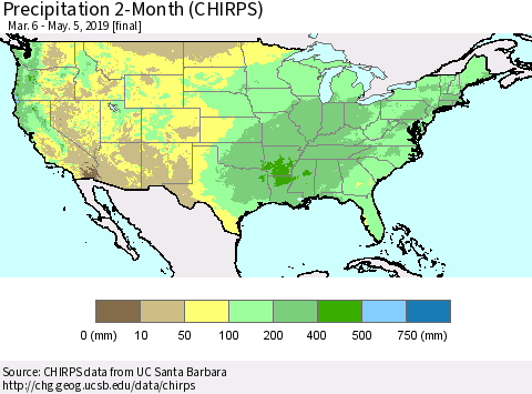United States Precipitation 2-Month (CHIRPS) Thematic Map For 3/6/2019 - 5/5/2019