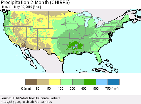 United States Precipitation 2-Month (CHIRPS) Thematic Map For 3/11/2019 - 5/10/2019