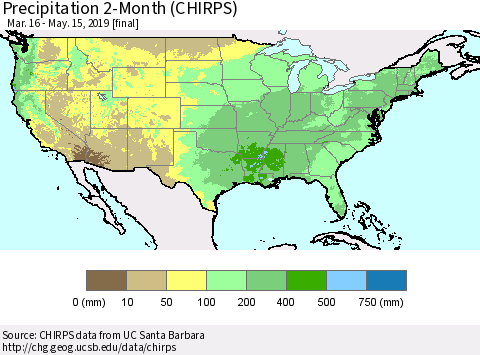 United States Precipitation 2-Month (CHIRPS) Thematic Map For 3/16/2019 - 5/15/2019