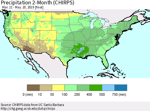 United States Precipitation 2-Month (CHIRPS) Thematic Map For 3/21/2019 - 5/20/2019