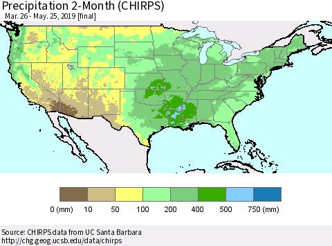 United States Precipitation 2-Month (CHIRPS) Thematic Map For 3/26/2019 - 5/25/2019