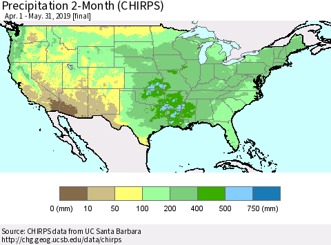 United States Precipitation 2-Month (CHIRPS) Thematic Map For 4/1/2019 - 5/31/2019