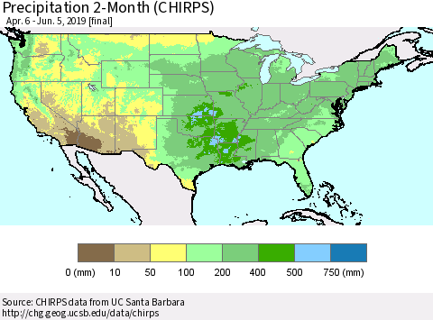 United States Precipitation 2-Month (CHIRPS) Thematic Map For 4/6/2019 - 6/5/2019