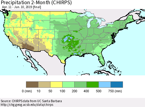 United States Precipitation 2-Month (CHIRPS) Thematic Map For 4/11/2019 - 6/10/2019