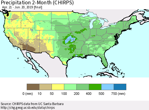 United States Precipitation 2-Month (CHIRPS) Thematic Map For 4/21/2019 - 6/20/2019