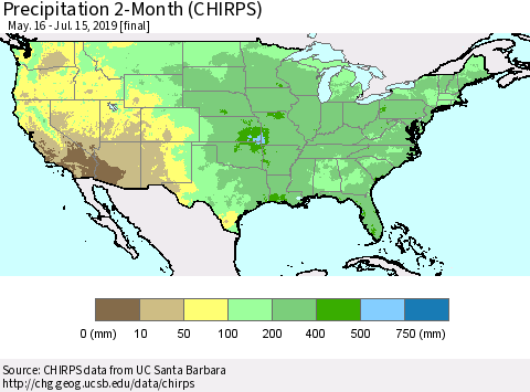 United States Precipitation 2-Month (CHIRPS) Thematic Map For 5/16/2019 - 7/15/2019