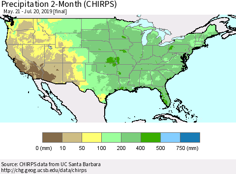 United States Precipitation 2-Month (CHIRPS) Thematic Map For 5/21/2019 - 7/20/2019