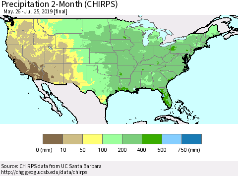 United States Precipitation 2-Month (CHIRPS) Thematic Map For 5/26/2019 - 7/25/2019