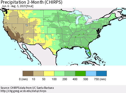 United States Precipitation 2-Month (CHIRPS) Thematic Map For 6/6/2019 - 8/5/2019
