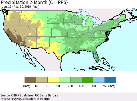 United States Precipitation 2-Month (CHIRPS) Thematic Map For 6/11/2019 - 8/10/2019