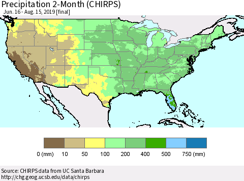 United States Precipitation 2-Month (CHIRPS) Thematic Map For 6/16/2019 - 8/15/2019