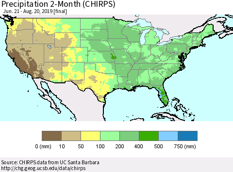 United States Precipitation 2-Month (CHIRPS) Thematic Map For 6/21/2019 - 8/20/2019