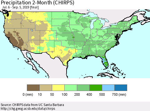 United States Precipitation 2-Month (CHIRPS) Thematic Map For 7/6/2019 - 9/5/2019