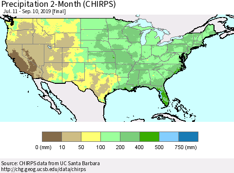 United States Precipitation 2-Month (CHIRPS) Thematic Map For 7/11/2019 - 9/10/2019