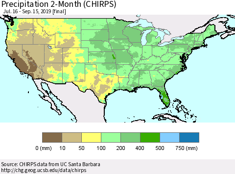 United States Precipitation 2-Month (CHIRPS) Thematic Map For 7/16/2019 - 9/15/2019