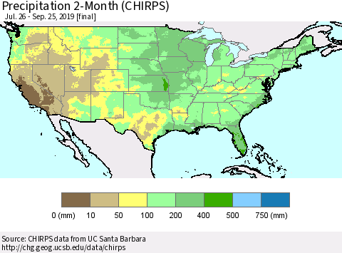 United States Precipitation 2-Month (CHIRPS) Thematic Map For 7/26/2019 - 9/25/2019