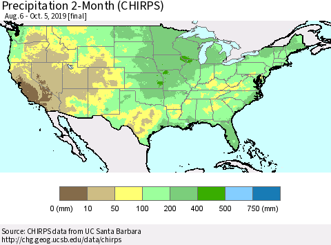 United States Precipitation 2-Month (CHIRPS) Thematic Map For 8/6/2019 - 10/5/2019