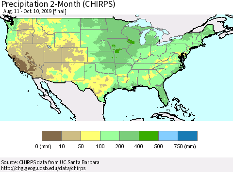 United States Precipitation 2-Month (CHIRPS) Thematic Map For 8/11/2019 - 10/10/2019
