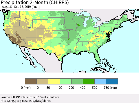 United States Precipitation 2-Month (CHIRPS) Thematic Map For 8/16/2019 - 10/15/2019