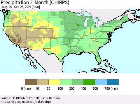 United States Precipitation 2-Month (CHIRPS) Thematic Map For 8/26/2019 - 10/25/2019
